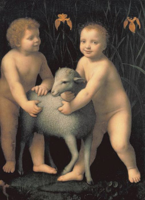 the christ child and the infant john the baptist with a lamb